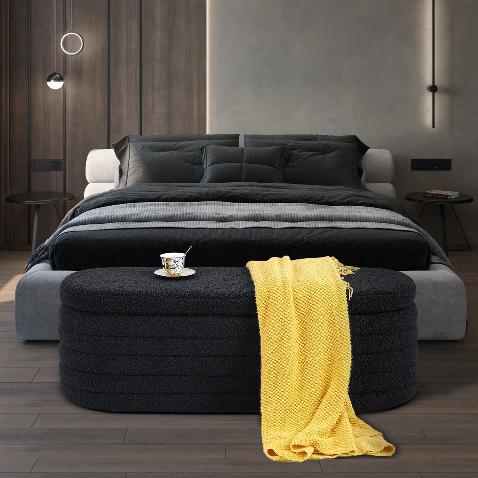 Banco de almacenamiento ovalado de 45,5" otomano peluche terciopelo tapizado extremo de la cama taburete negro Foto 4 de 4