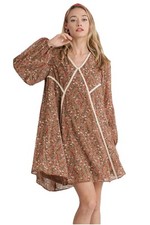 Umgee Floral Print V-Neck Long Sleeve Boho Mini Dress in Mocha