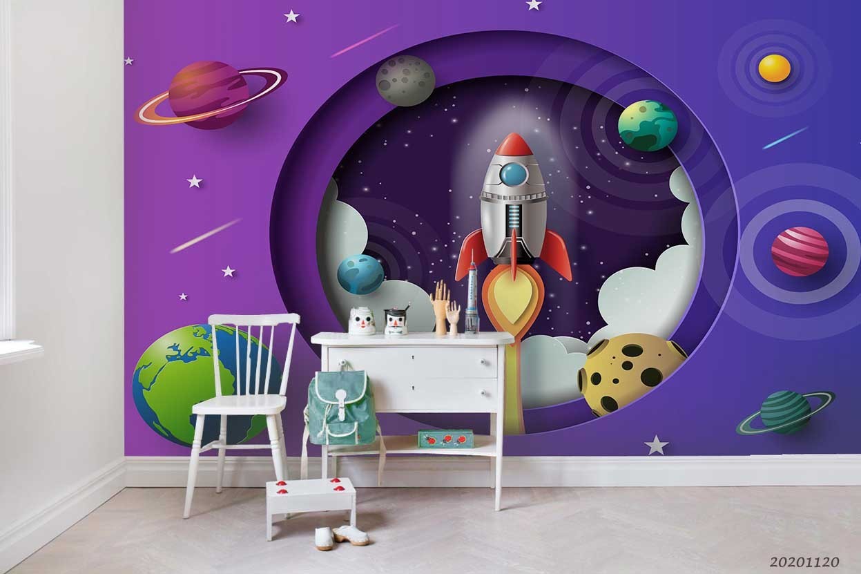 3D Space Rocket Planet Paper-Cut Wall Murals Wallpaper Murals Wall Sticker 2
