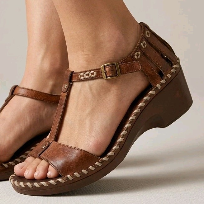 Ariat Brown Leather T-Strap Wedge Sandals Comfort Womens 8 Shalimar Western
