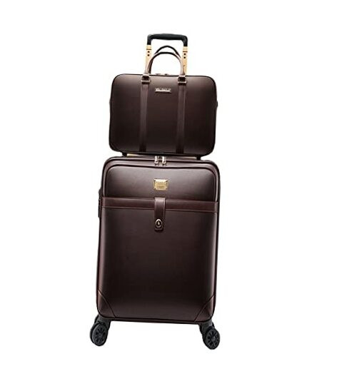 2Pcs Leather Business Spinner Wheel Luggage Waterproof Carry-On 20in Coffee