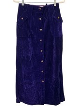 Vintage 1970s Velvet Maxi Skirt Small Gold Floral Buttons Pockets Prince Blue