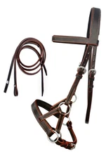 English Western Horse Leather Bitless Bridle Sidepull Halter Reins  Brown
