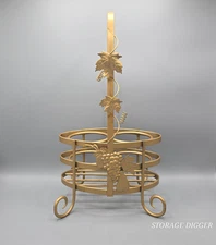 Gold Toned Metal Rack Basket 2 Space Wine Bottle, Handle, Footed, Grapes Ornate