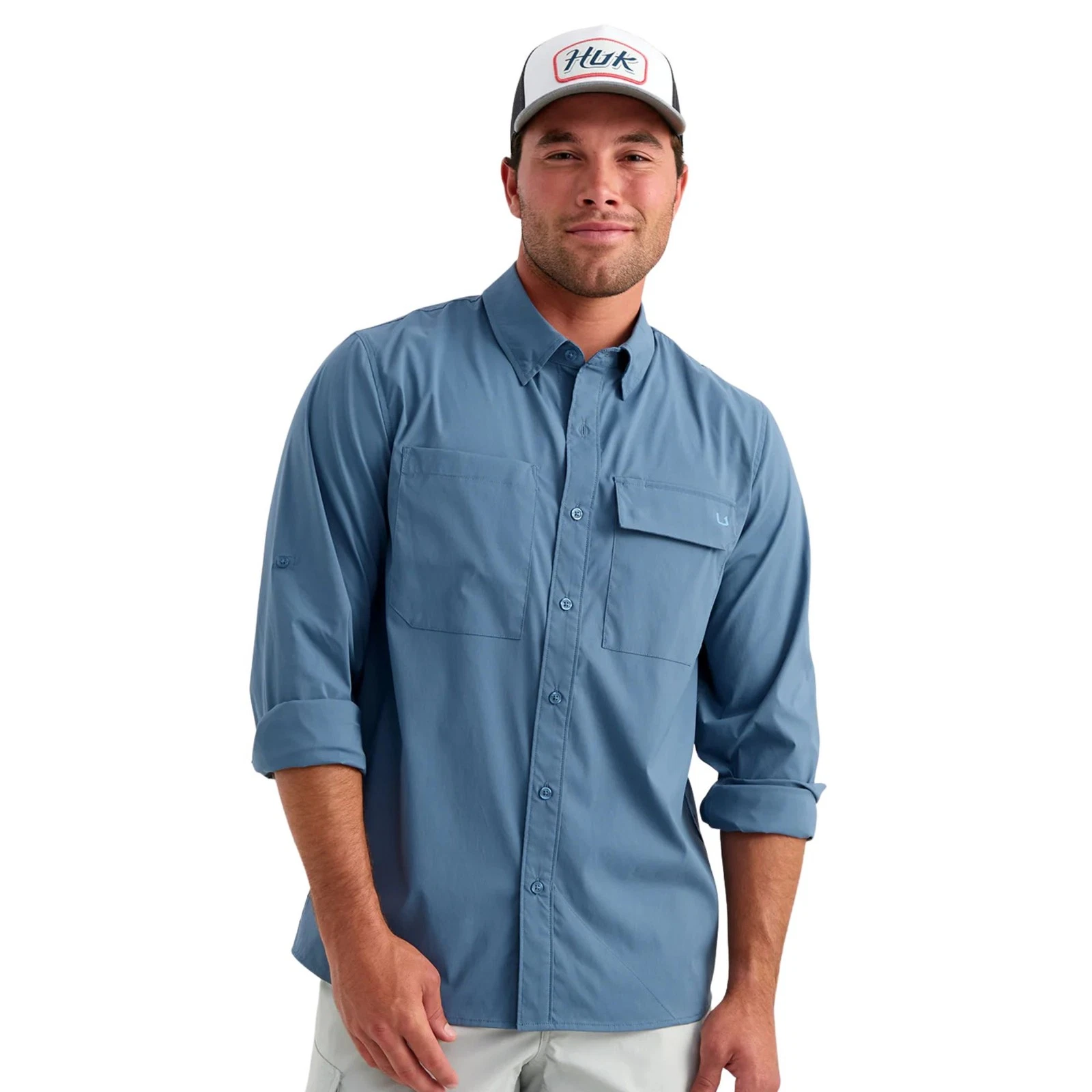 Huk Icon Long Sleeve Men's Button-Up Shirt, Stormy Blue, X-Large