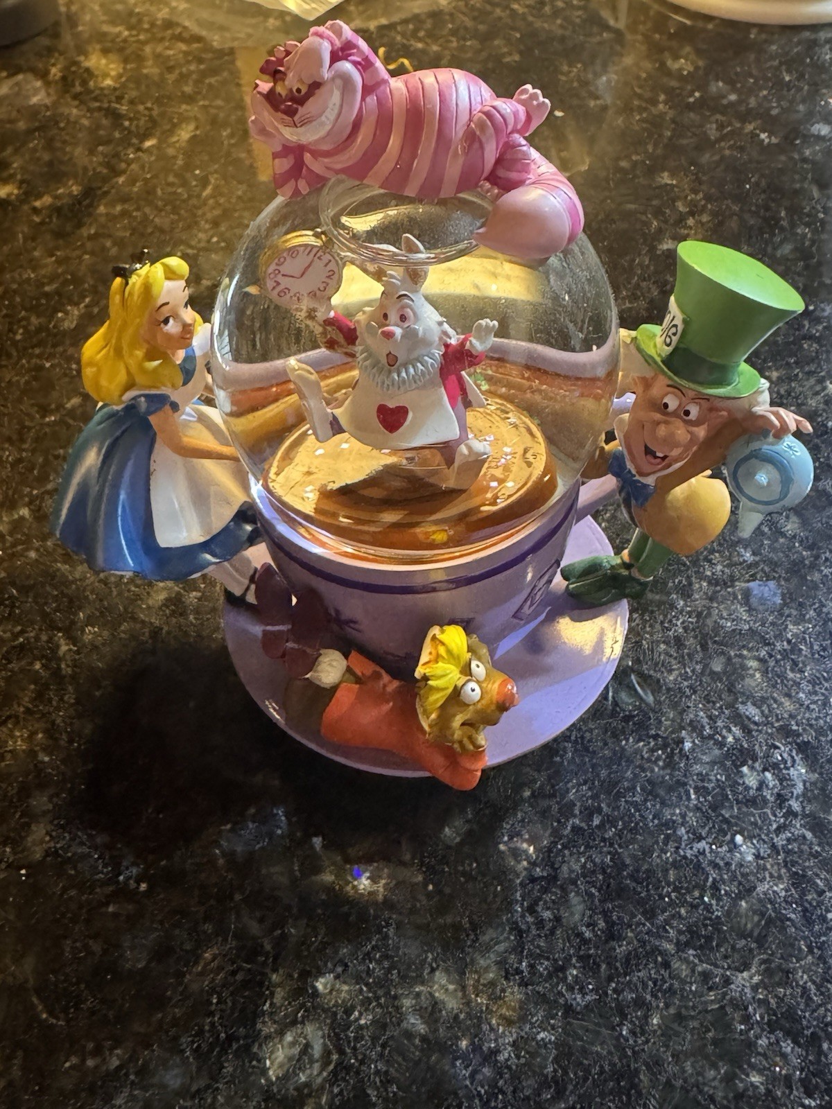 Disney Alice in Wonderland Snow Globe Mad Hatter Cheshire Cat White Rabbit Base