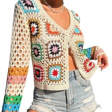 Shenhe Granny Square Crochet Cardigan Boho Sweater Crop Floral S