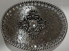 Nocona Belt Buckle Floral Scroll Gemstone Crystals Women  s Silver Metal Western