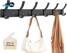 2 Pack Coat Rack Wall Mount, Hooks for Hanging,  6 Dual Hooks Baseball Cap