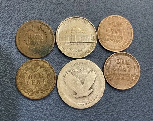 Vintage U.S Coins- Standing Liberty Silver Quarter, Indian + Wheat Cent, Nickel