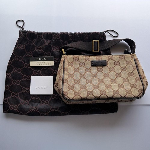 Gucci GG Canvas Mini Shoulder Bag Beige Brown Leather With Dust Bag