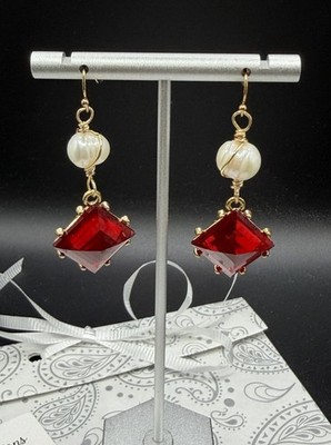 Romantic Pearl And Ruby Red Glass Drop Earrings Vintage Restyle July Birthday