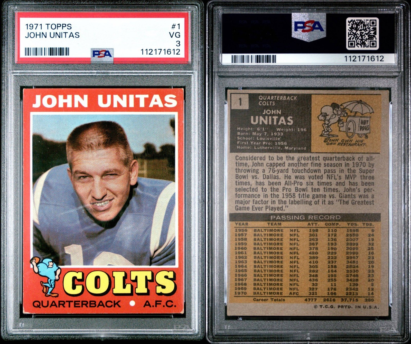 JOHN UNITAS 1971 Topps #1 PSA 3 ++ Great Eye Appeal Vintage Legend HOF 👀🤯✅ view 3