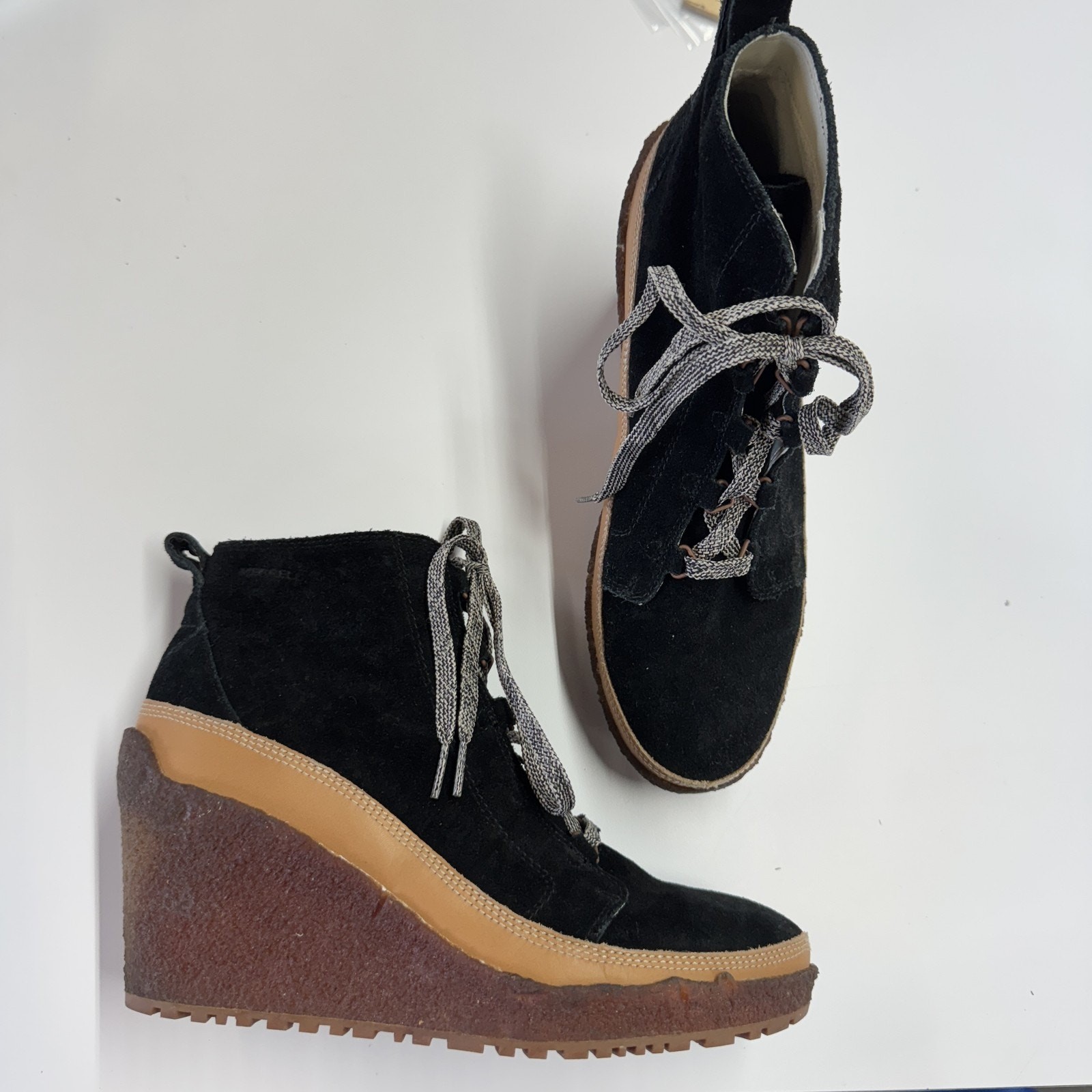 Scarpe Merrell donna taglia 9 TREMBLANT nere scamosciate zeppa tacco stivali stringati casual