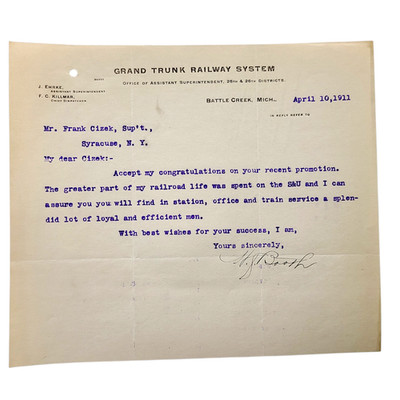 1911 Grand Trunk Railway System Letterhead Letter Battle Creek MI Michigan Vtg