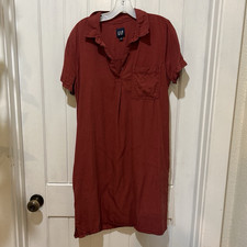 GAP Women’s Rust Solid Knee Shirt Dress Collared Button Chest Pocket, M