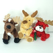 Lot Of 3 Xmas Reindeer Moose Red Brown Plush Stuffed Animal Scarf 8"