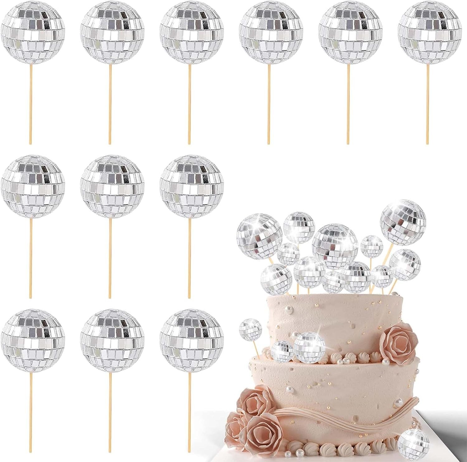 12Pcs 70s Disco Theme Cake Decoration Mini Disco Balls Cake Toppers Disco Ball