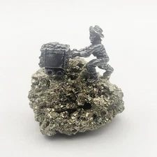 Vintage Pewter Miner Figurine Push Cart on Pyrite Nugget