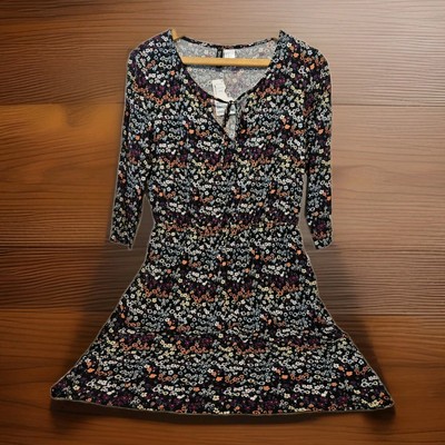 H&M DIVIDED Dress Size 8 black ditzy floral lightweight cottage 3/4 sleeve NEW!