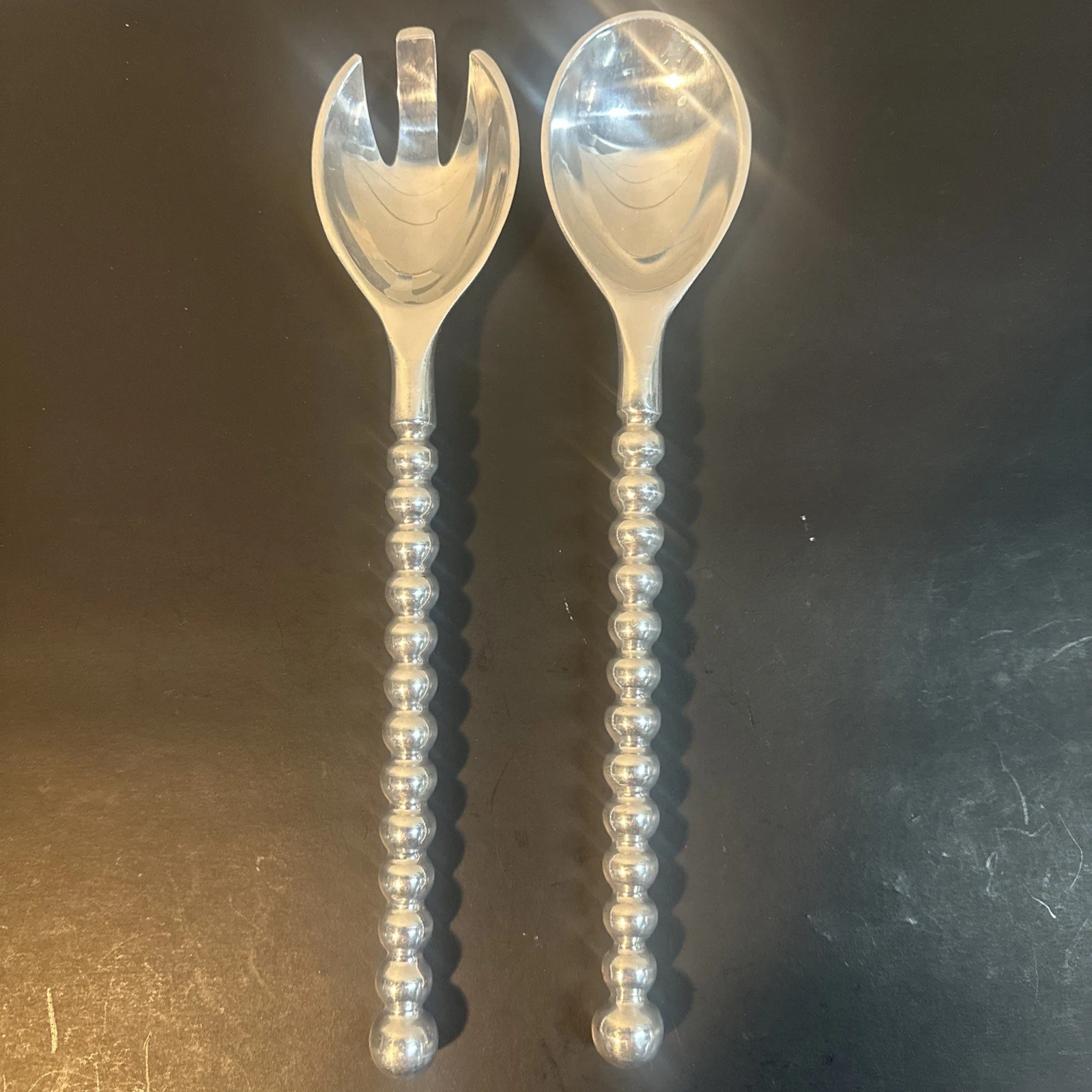 Vtg Mariposa Style Salad Serving Spoon & Spork Set Pewter Retro Shiny Ribbed
