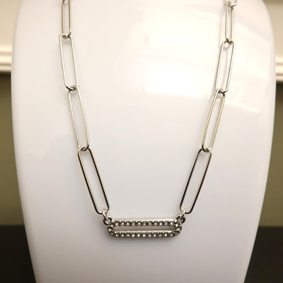 Marlyn Schiff necklace paperclip chain silvertone w crystals signed nickel free
