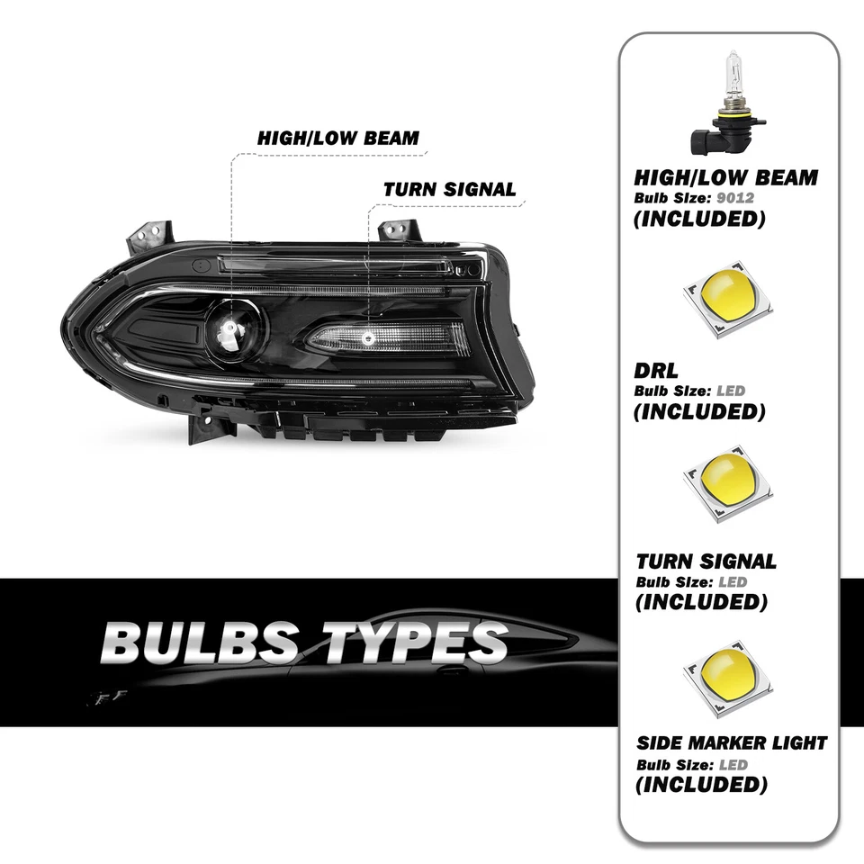 For 2015-2022 Dodge Charger Halogen LED DRL Projector Headlights Headlamps Pair Foto 2 de 4