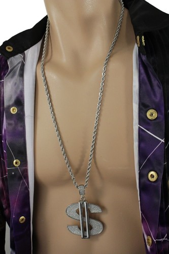 Men Hip Hop Necklace Silver Metal Chains Money Charm Dollar $ Pendant Sparkling - Picture 6 of 6