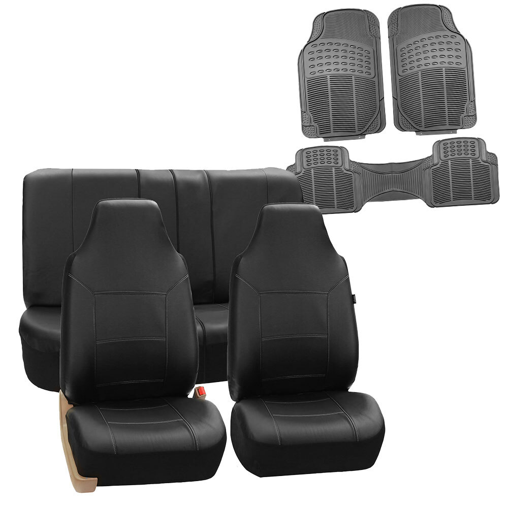 Highback Seat Cover Leather Solid Black Combo with Gray Floor Mats for Auto