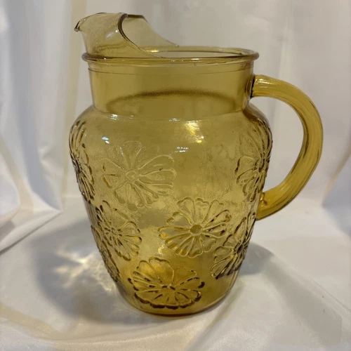 VTG Anchor Hocking Lt. Amber SpringSong Embossed Daisy Floral Pitcher 64oz