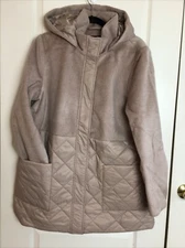 Dennis Basso Tan Hooded Wool Blend Coat W Quilted Puffer Detail & Pockets L
