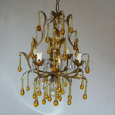 Antique Italian Gilt Tole Amber Glass, Cage Chandelier With Crystal Drops