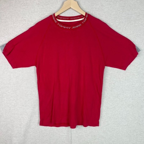 Vintage Tommy Hilfiger Mens Ribbed Tshirt Size X Red Spellout Logo 90s Preppy