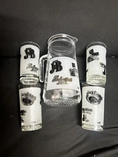 Vintage Cerve Pitcher 4 Glasses With Bar Ware Advertisement Jack Daniels,