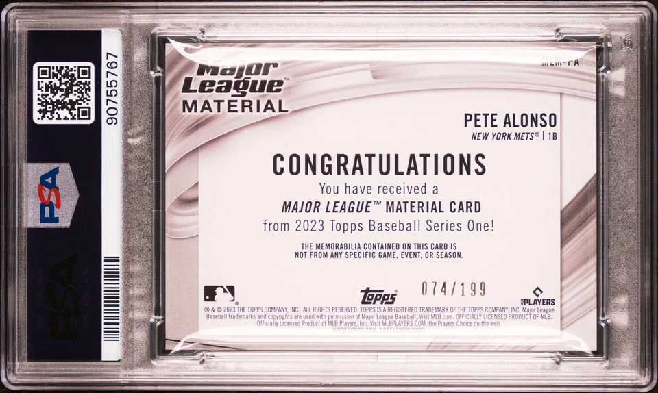 Pete Alonso 2023 Topps Series 1 Major League Material Black MLMPA 74/199 PSA 10 - Image 2 of 3