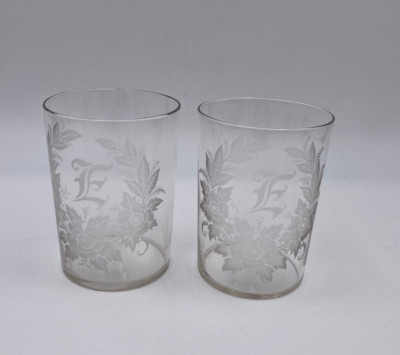 Antique Set of 2 Small Applied Floral Design Monogram Letter E Glasses
