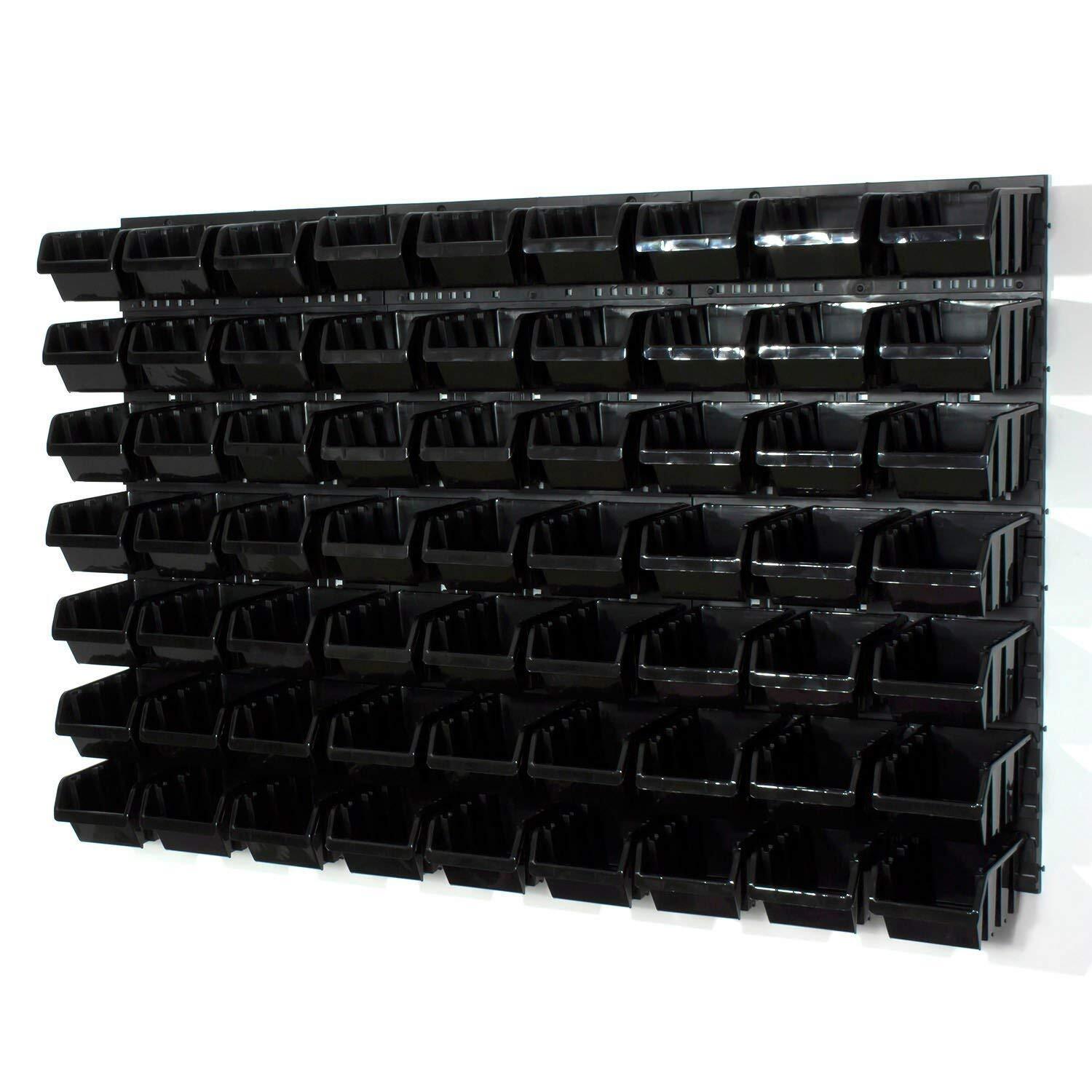 Wall Mounted Storage for Tools, Nails and Screws 63 Black Containers with Boards