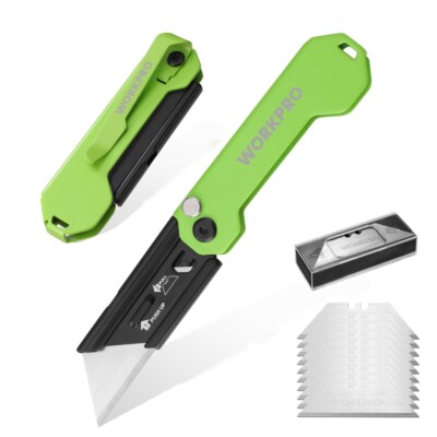 WORKPRO 2PC Folding Utility Knife Box 10PC Blade Cutter Quick Change Razor Knife