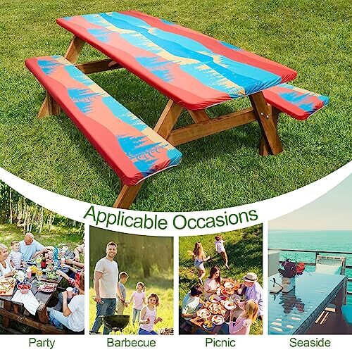 Picnic Table Cover with Bench Covers 3 Pcs Waterproof Windproof Camping Table...