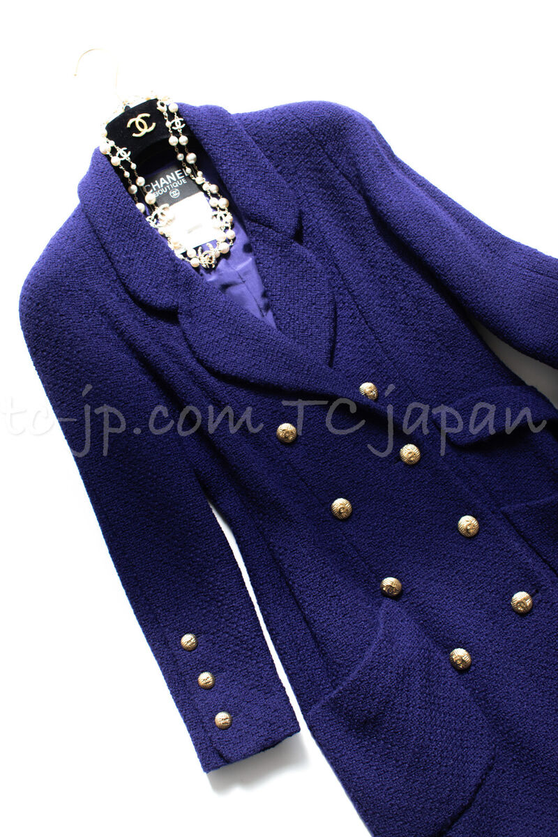 CHANEL 91A Vintage Dark Purple Wool Tweed Double Jacket Coat CHANEL 91A Vintage Dark Purple Wool Tweed Double Jacket Coat