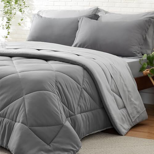 Comforter Set 7 Pieces Bed in A Bag - Soft Queen Dark Grey/Light Grey