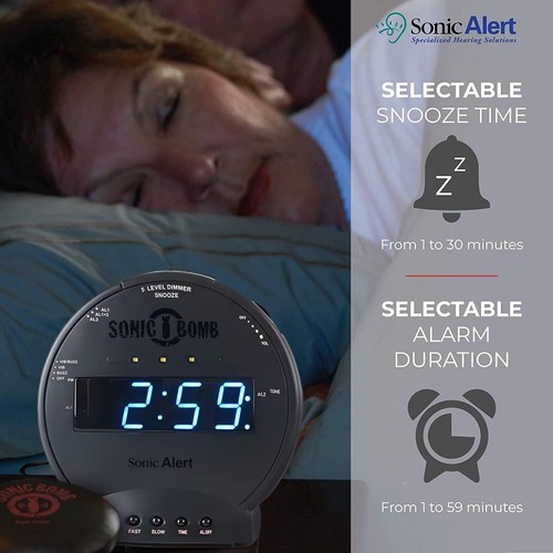 Sonic Bomb Dual Alarm Clock with Bed Shaker, Black Vibrating Alarm Clock Heav... - Picture 4 of 8