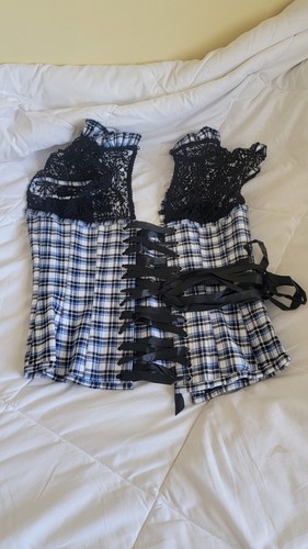 Blue White Checkered Corset Top With Black Guipare Lace, size UK10 CSFT137 - Picture 2 of 3