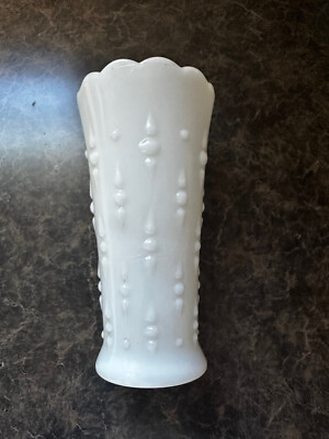 Anchor Hocking Milk Glass Vase White Tear Drop Pearl Dot Scalloped Edge Vintage