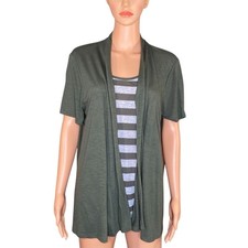 White Stag Green Open Front Cardigan w Striped Inner Tee Womens Size XL
