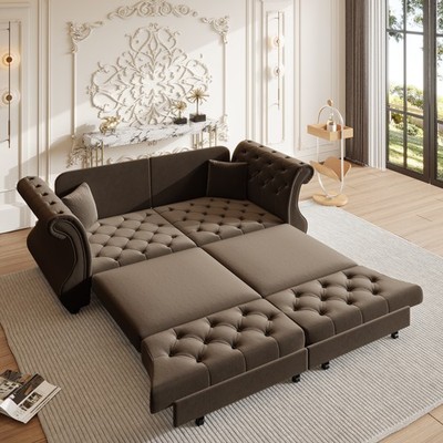 83.8'''' Oversized Chesterfield Pull Out Sofa Bed Sleeper Sofa Couch Tufted Brown