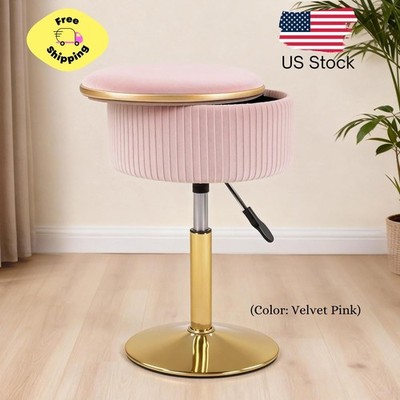 Adjustable Vanity Stool with Storage, 360° Swivel Gold Chair, Velvet Small Round
