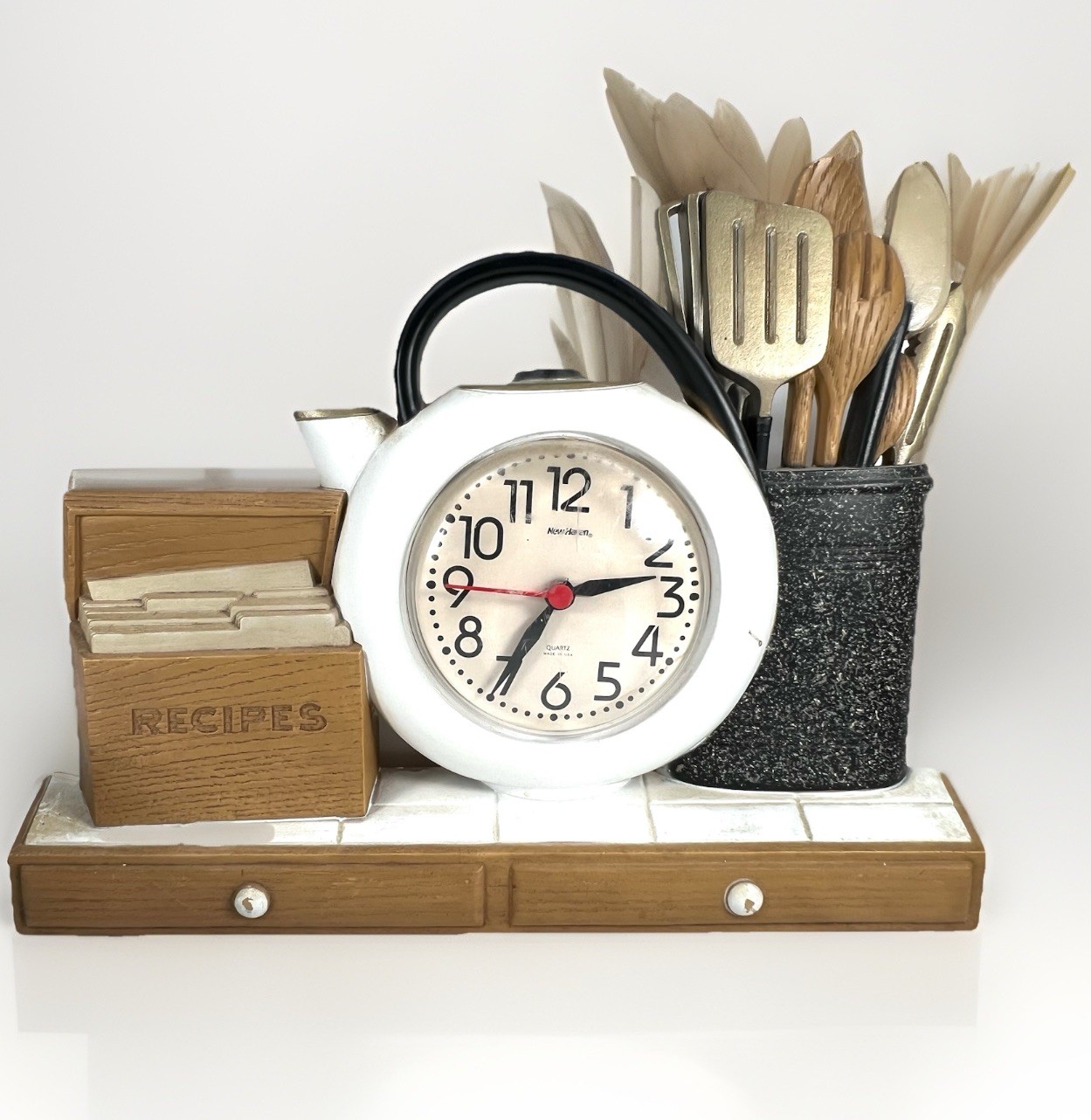 VTG Wall Hanging Burwood Kitchen Clock, Recipe Box, tea kettle, &utensils works