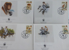 MONKEYS BRUNEI COMPLETE 1991 SET OF 4 WWF PANDA  CACHETS FDCS  UNADDR