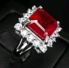 Luxurious Blood Red Ruby Rectangle 6Ct 925 Sterling Silver Handmade Halo Rings